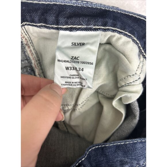 Silver Jeans Men’s Size 33 Dark Blue ZAC Selvedge Thick Stitch Faux Flap *STAIN* - Picture 14 of 16